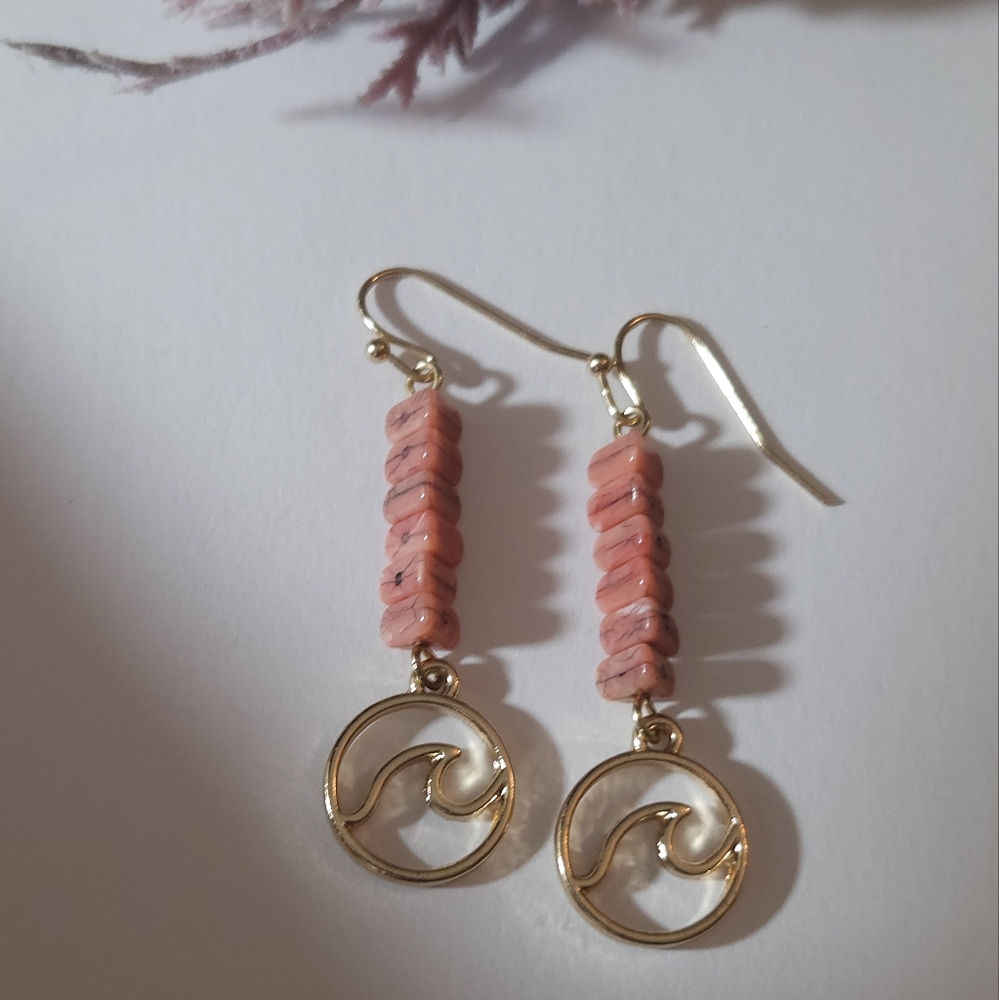 Breaking Waves Coral Gold Plate Wave Dangle Earrings Fog & Fern Clothing Company - Picture 2 of 6